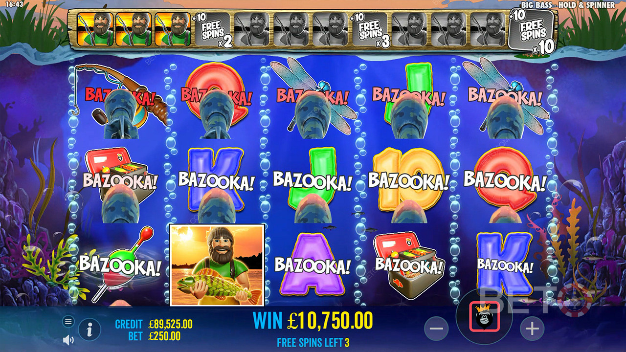 Big Bass Bonanza base game reels with scatter symbols